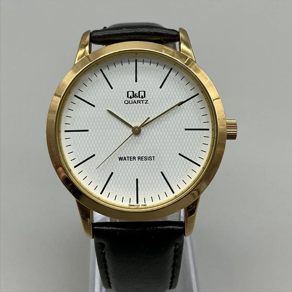 Q&Q Quartz Mens Watch 39mm Gold Tone Case Round Dial Black Band New Battery